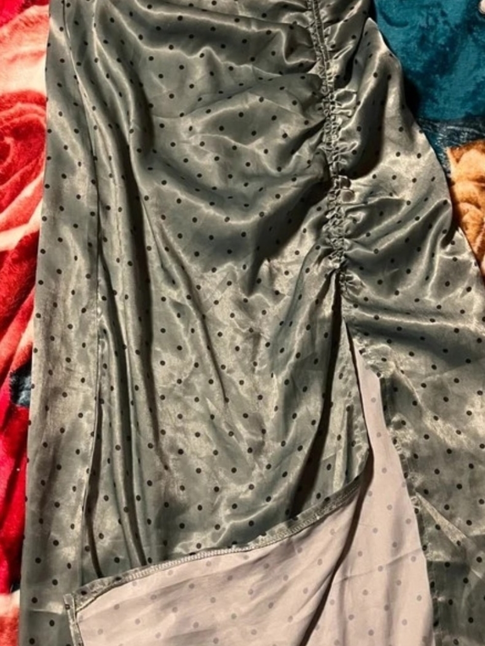 SHEIN Gray Satin Polka Dot Ruched Side Slit Maxi Skirt
